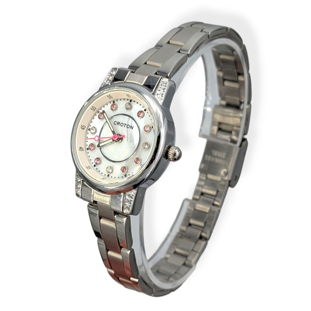 Croton Stainless Steel Watch Silver Women's Pink Crystal Hours Markers RT-170LY